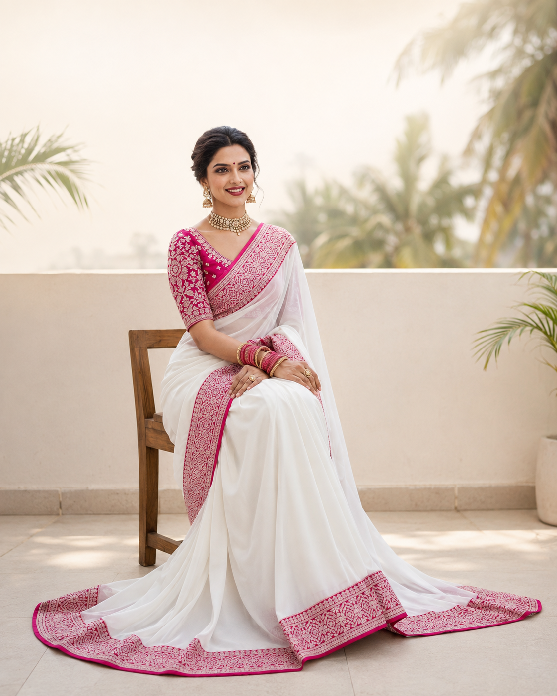 Elegant White & Pink Embroidered Saree