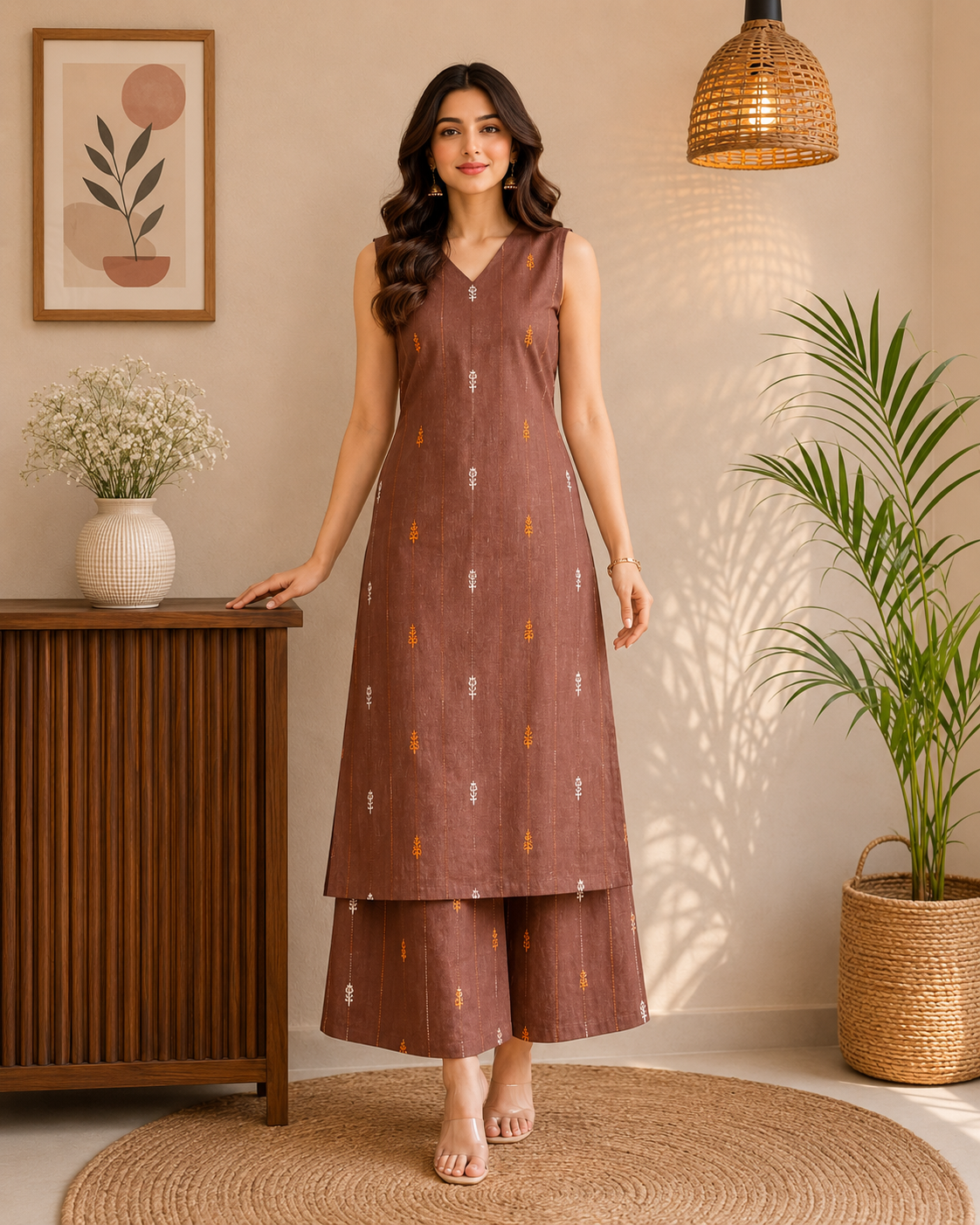 Brown Printed Kurta & Palazzo Co-Ord Set