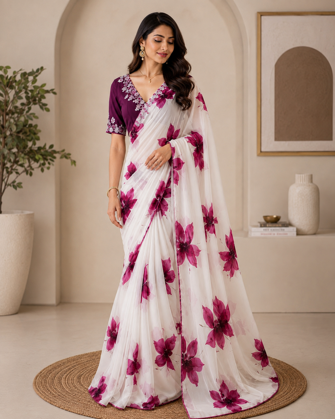 White & Magenta Floral Printed Saree