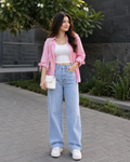 Pink Striped Shirt with White Crop Top & Wide-Leg Jeans Outfit
