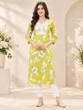 Lime Green Floral Printed Straight Kurti for Women