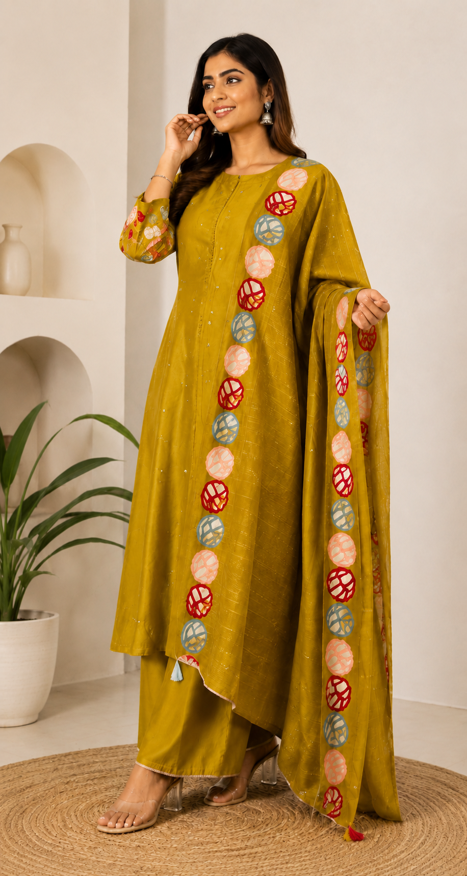 Mahndhi Green Embroidered Cotton Kurta Set with Printed Dupatta