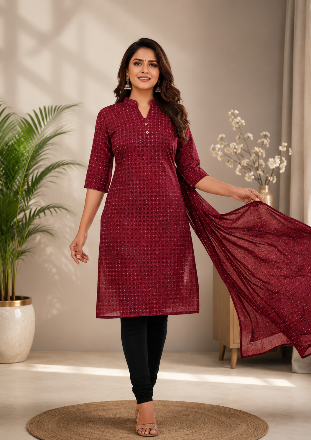 Elegant Maroon Printed Kurta with Dupatta